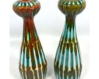 Lot 52 Pair of Tall Italian MidCentury Modern Striped FatGlaze Ceramic Candlesticks Marked Pauls and numb