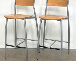 Lot 502 Pair of Contemporary Modern Industrial Bar Stools with Contoured Plywood Seats and Backs and Silver 