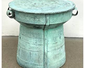 Lot 242 Southeast Asian Style Metal Rain Drum Side Table with Verdigris Patina and Geometric Motifs. Lighte