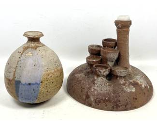 Lot 59 2pc Studio Stoneware Ceramic Pieces. Globular Drip Glaze Vase. 2. Multi Spouted Lava Glaze Candela