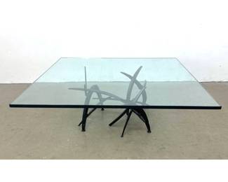Lot 73 Silas Seandel 1974 Brutalist Wrought Iron and Glass Square Coffee Table. Signed. Black finish. 