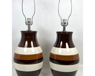 Lot 294 Pair of Mid Century Modern Striped Ceramic Table Lamps in Brown and White Glaze
