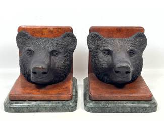 Lot 226 Pr MaitlandSmith cast bronze bear head bookends with burled wood effect finish and green marble bas