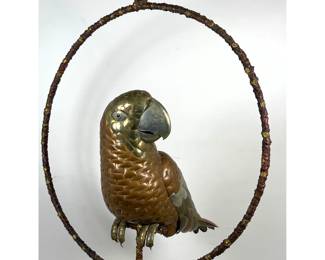 Lot 39 Large Mixed Metal Brass and Copper Parrot Sculpture on Hanging Hoop Perch. Unsigned. attributed to B