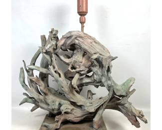 Lot 417 Mid Century Sculptural Driftwood Table Lamp. Assembled Pieces on Rectangular Wooden Base. Paint wa