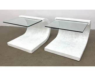 Lot 477 Pair of Postmodern Cantilevered Glass and Textured Plaster Finish Side Tables. Wave form