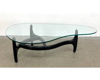 Lot 123 Mid Century Modern Biomorphic Glass Top Coffee Table with Three Point Black Metal Base. Pearsall sty