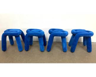 Lot 488 Set 4 Electric Blue Velvet Tubular Stools. Lot 3. Interlocking Knot Design. Contemporary. 