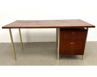 Lot 646 Midcentury modern walnut veneer single pedestal desk with square metal legs and recessed wood pulls