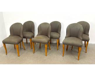Lot 434 Set 6 French Art Deco upholstered side Dining chairs. Arched backs. Flared wooden legs