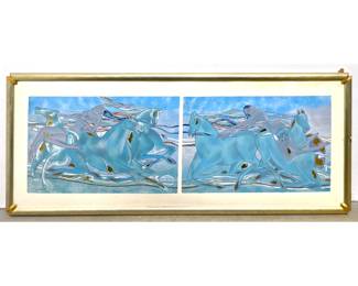 Lot 596 Yamin Young Diptych Celadon Horses Stylized Relief Prints in 1 Frame Pencil Signed and Numbered