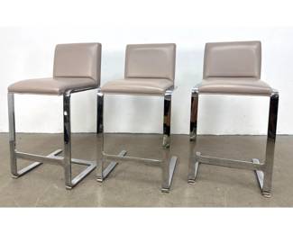 Lot 376 Set 3 Gordon International Chrome Cantilever Bar Stools with Taupe Upholstery. Signed with label.