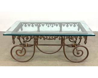 Lot 133 Wrought Iron and Brass Rectangular Coffee Table with Thick Glass Top and CScroll Volute Base. Fren