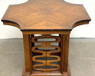 Lot 494 Mid Century Modern Carved Walnut Side Table. Sculptural Carved Fretwork 4 Sided Pedestal Base. 