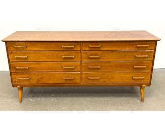 Lot 605 Renzo Rutili Long Double Dresser. Mid Century Mo dern. Modernist Wood Pulls. John Stuart Label. 