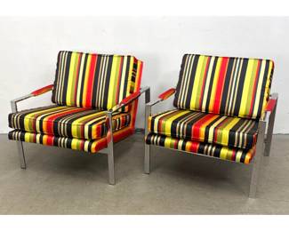 Lot 110 Pair Milo Baughman Chrome Lounge Chairs in Vibrant Striped Fabric. 