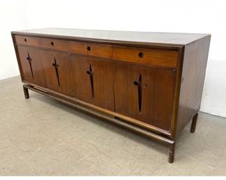 Lot 353 MidCentury Modern Edmond Spence Swedish Walnut Credenza with 4 Drawers and 4 Star Cutout Cabinet Do
