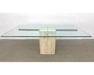 Lot 269 Artedi Postmodern Travertine and Brass Toned Metal Pedestal Dining Table with Rectangular Glass Top