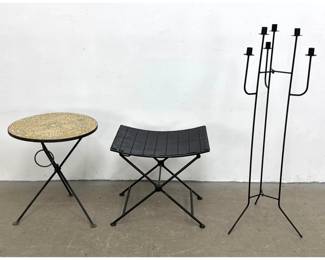 Lot 381 3pcs Modernist Wrought Iron Decorative Objects including Mosaic Tile Side Table, Folding Stool, and 