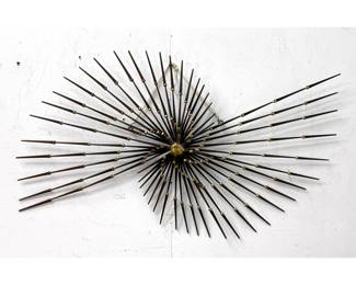 Lot 175 Brutalist Mid Century Modern Welded Nail Wall Sculpture. Nails form Rays with Gold Solder Joints. No