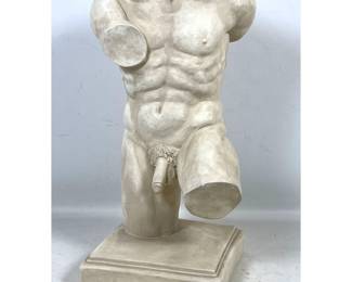 Lot 370 Cast Plaster Muscular Nude Male Torso. Antiqued Cream Paint Finish. 