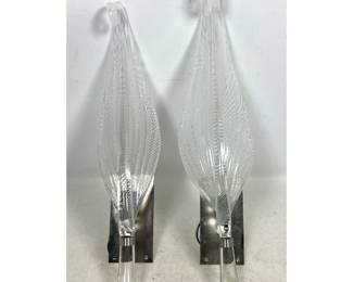 Lot 95 Pair of Contemporary Hand Blown Latticino Art Glass Leaf Wall Sconces with Polished Metal Mounts. Fr