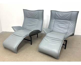 Lot 138 Pair Vico Magistretti for Cassina Gray Leather Lounge Chairs. Fully adjustable. 