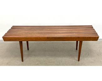 Lot 459 Mid Century Modern Slatted Walnut Finish Wood Bench Coffee Table with Tapered Legs