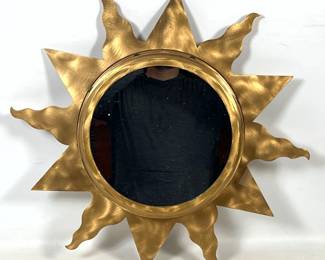 Lot 543 Cut Sheet Brass Sunburst Wall Mirror in Brushed Gold Finish with Inset Black Gems and Stars