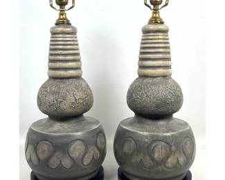Lot 527 Pair of Mid Century Modern Brutalist Ceramic Table Lamps with Ribbed and Lava Textures.