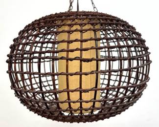 Lot 317 Mid Century Modern Rattan Cage Pendant Light. Inner Cylinder Shade. Metal Chain Suspension