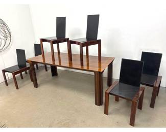 Lot 638 7pc Afra and Tobia Scarpa Attributed Dining Set. Table and 6 Chairs with Inlay. Black Leather. 