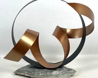 Lot 131 Karen Madden Modern Abstract Patinated Metal Ribbon Sculpture on Stone Base. Signed.