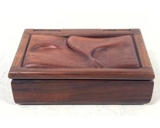 Lot 4 Handcrafted Modernist Mixed Wood Trinket Box with Biomorphic Carved Relief Lid and Integrated Wood H