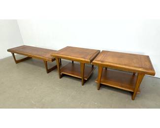 Lot 93 3pc Lane Rhythm mid century modern walnut and oak Tables. Coffee table and matching pair of side tab