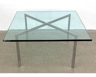 Lot 641 Barcelona Style Square Glass and Polished Steel Coffee Table. Unsigned. Heavy construction possibly 