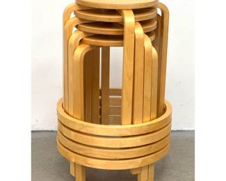 Lot 412 Set of 4 Alvar Aalto Style Stackable Bentwood Birch Counter Stools with Foot Rings