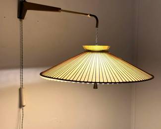 Lot 202 Mid Century Modern Telescoping Swing Arm Wall Sconce Swag Lamp with Large Pleated Coolie Shade and 