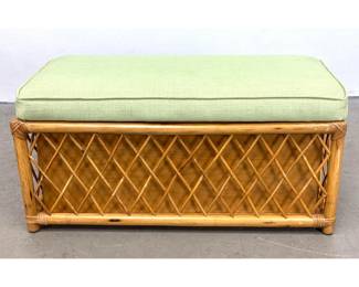 Lot 364 MidCentury Modern Rattan and Bamboo Storage Bench with green fabric upholstered seat. Unsigned.
