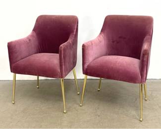 Lot 430 Pair Anthropologie Elowen Velvet Dining Armchairs in Mauve with Brass Tone Legs and Handles