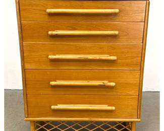 Lot 365 MidCentury Modern 5 Drawer Tiki Style Chest with Bamboo Motif Trim and Rattan Lattice Base
