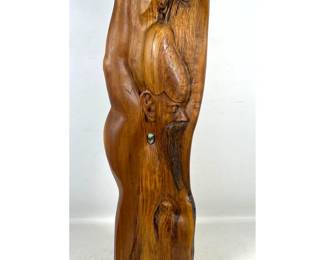 Lot 14 Large Scale Hand Carved Wood Sculpture. Bearded Sage Figure. Inlaid Green Stones. Unsigned