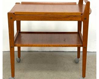 Lot 181 MidCentury Modern Teak 2 Tier Bar Cart with Removable Top Tray and Turned Handle on Casters