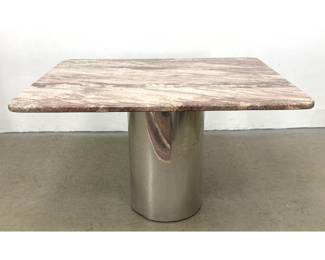 Lot 168 Square Natural Stone Dining Table. Metal Column Pedestal Base. Unsigned. Modernist Design.