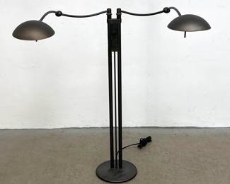 Lot 282 Postmodern style adjustable 2 light floor lamp in patinated brass with dual arcing arms and dome sha