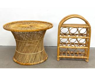 Lot 455 Two Piece Woven Rattan Hourglass Pedestal Side Table and Bentwood Bamboo 9 Bottle Wine Rack. Boho st
