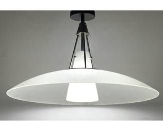 Lot 286 MidCentury Modern Frosted Glass Saucer Pendant Light Featuring Brushed Metal Tripod Frame and Dual 