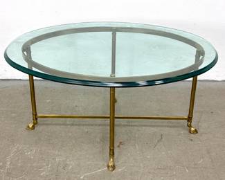 Lot 378 Hollywood Regency Brass and Glass Oval Coffee Table with Hoof Feet and X Form Stretcher