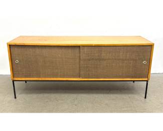 Lot 209 Paul McCobb Planner Group Maple and Grasscloth Low Sideboard Cabinet. for Winchendon with Black Enam