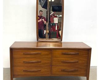 Lot 350 Broyhill Premier Emphasis Walnut 6 Drawer Lowboy Dresser Chest with Matching Vertical Framed Mirror